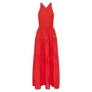 Bird & Knoll Dress Emmaline Silk Cotton Blend Cross Back Tiered Maxi Candy Apple